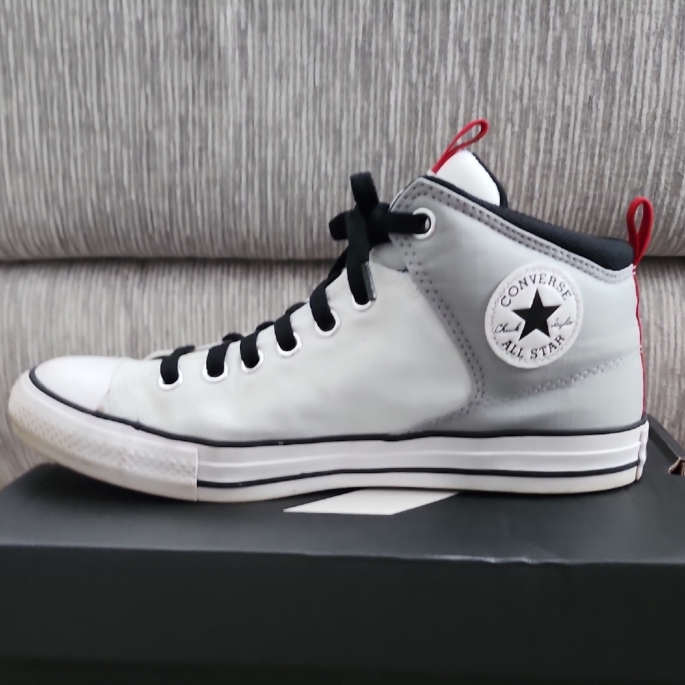 Converse Men's High Top Sneakers White Gray with Black and Red Accents - Picture 8 of 10